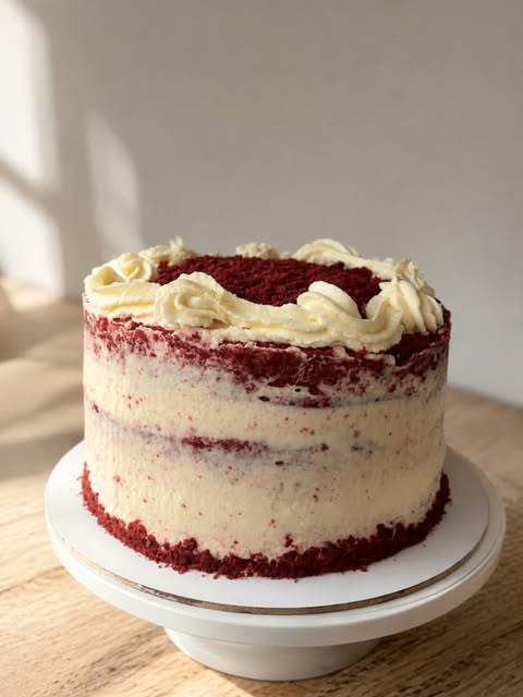Torta red velvet con capas de bizcocho rojo y crema